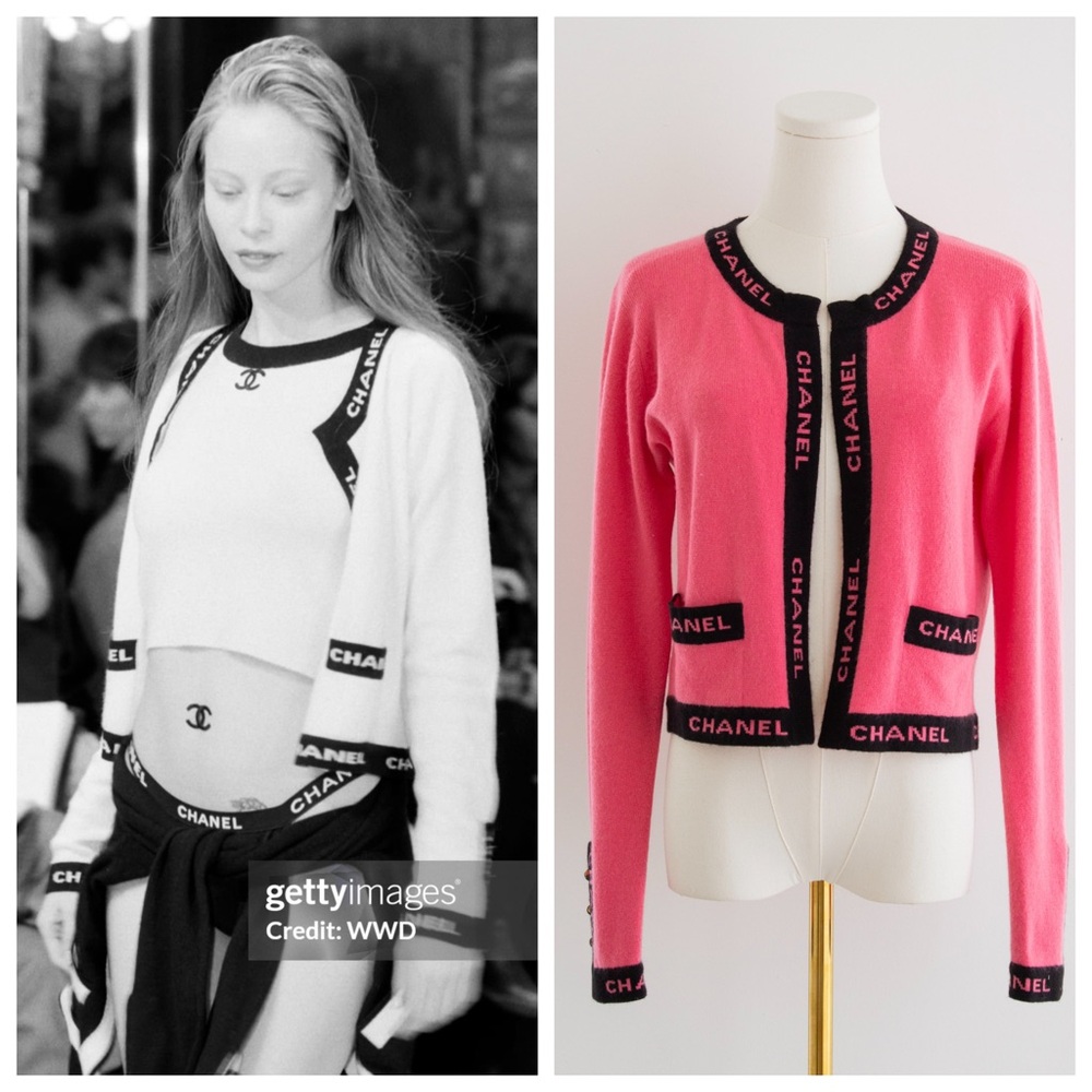 Chanel Cruise 1994/1995 Watermelon Pink Black CC Logo Cashmere Cardigan
